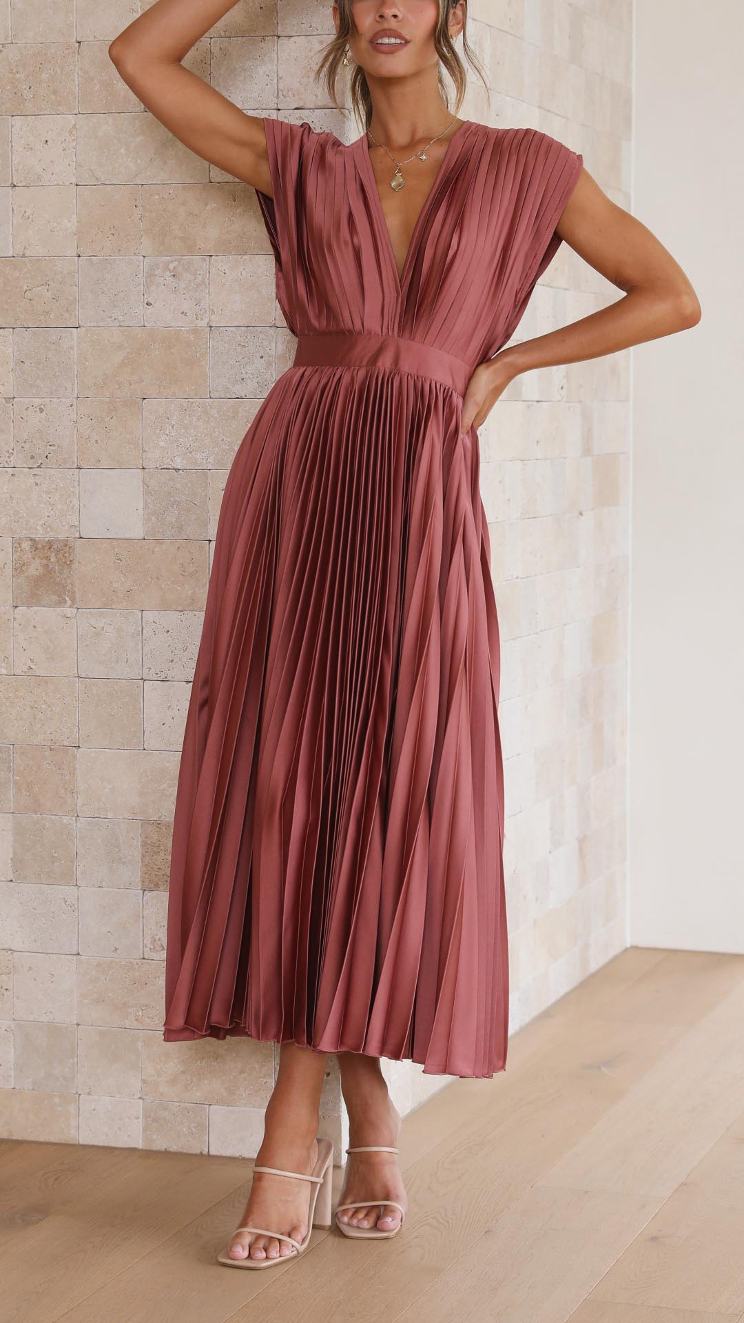 Dinah | Pleated V-Neck Maxi Wedding Guest Dress