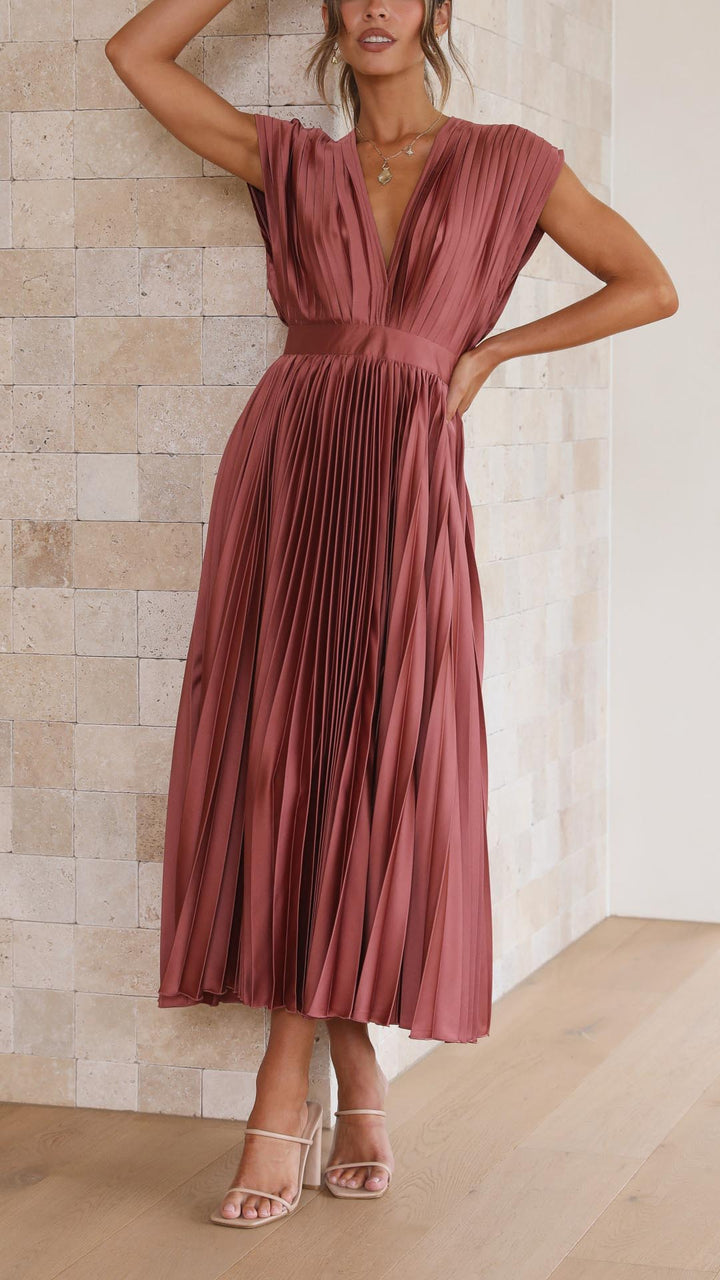 Dinah | Pleated V-Neck Maxi Wedding Guest Dress