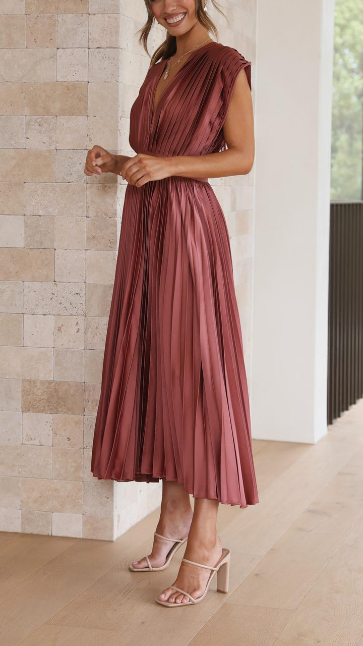 Dinah | Pleated V-Neck Maxi Wedding Guest Dress