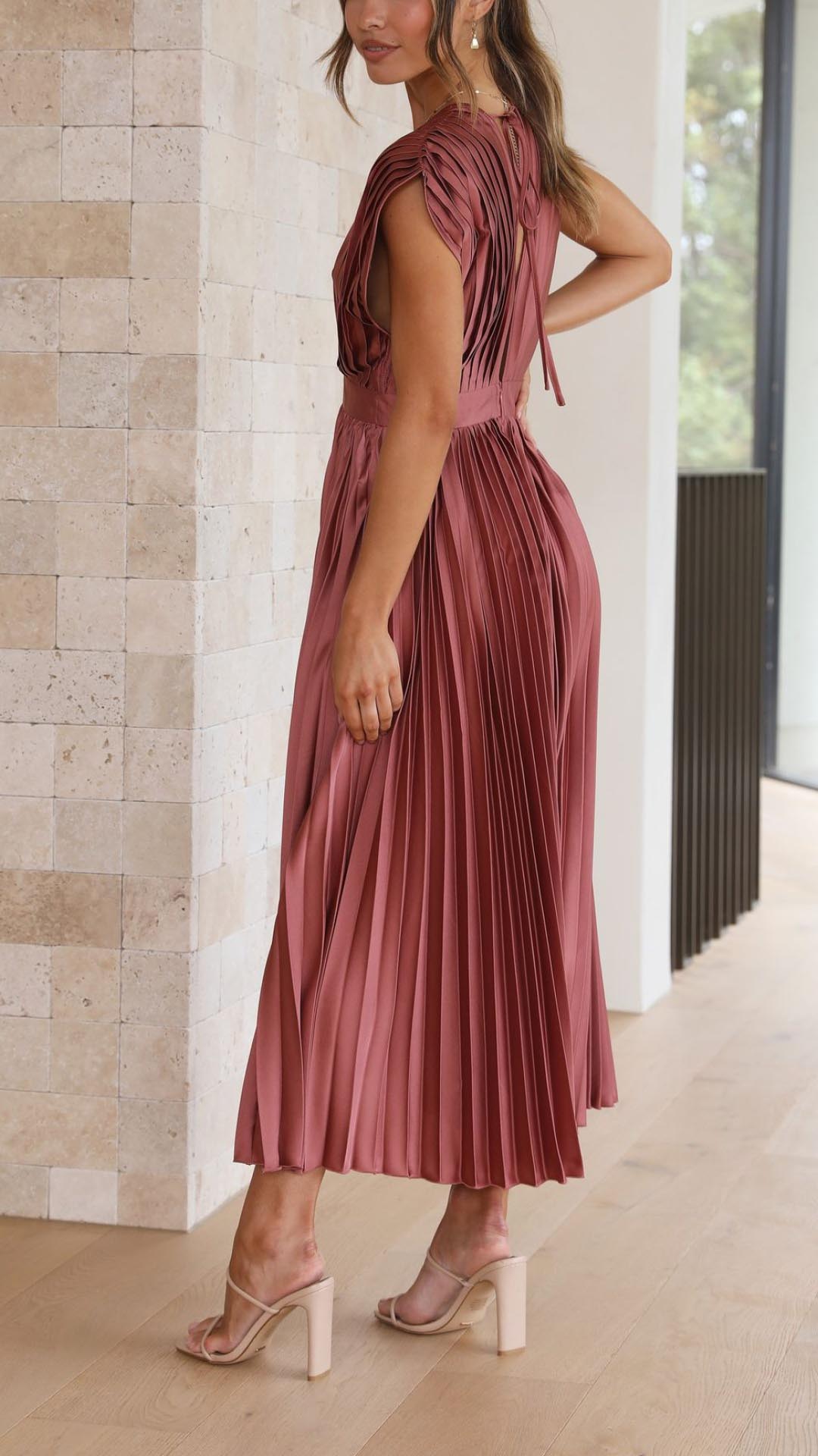 Dinah | Pleated V-Neck Maxi Wedding Guest Dress