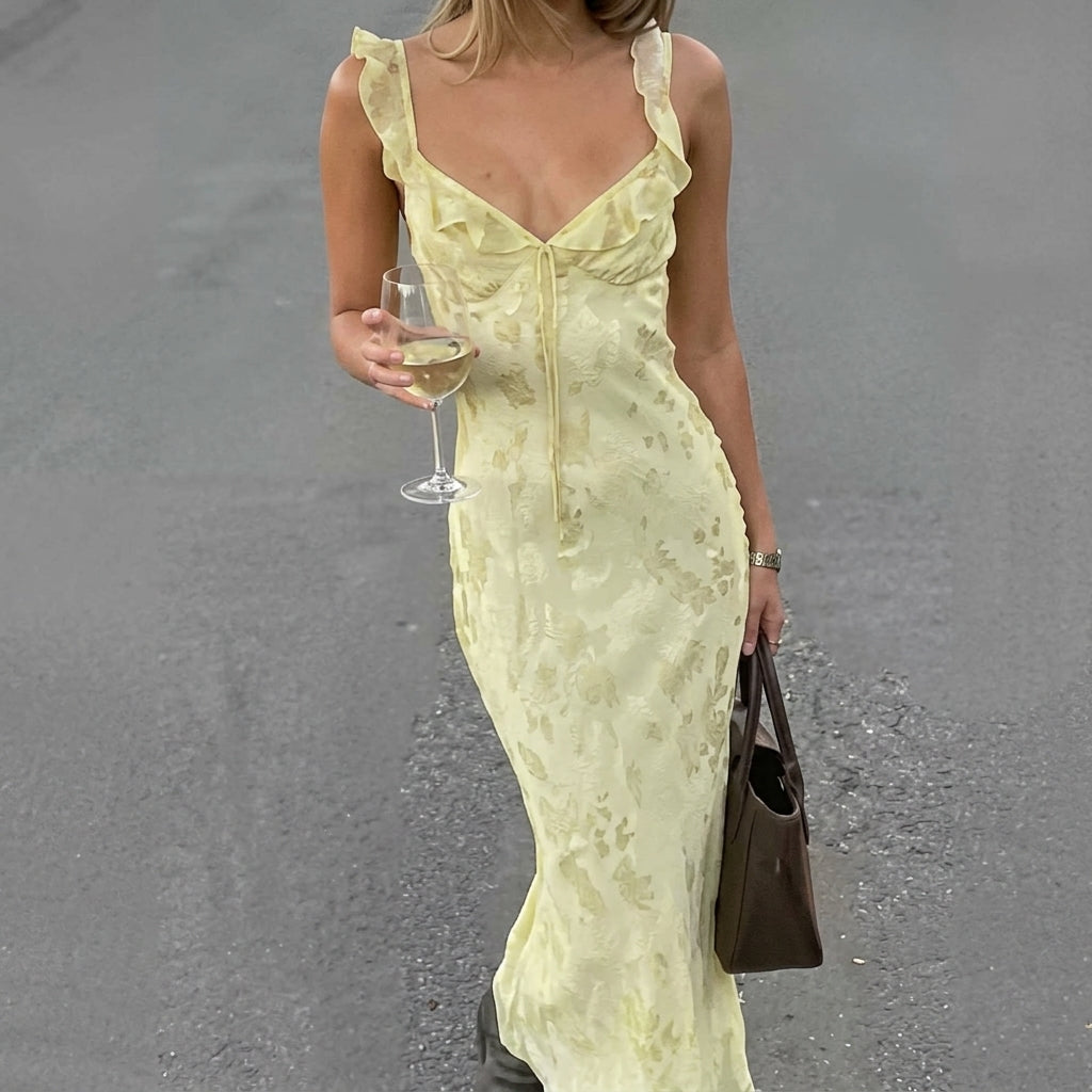Estella | Floral Ruffle-Strap Fitted Maxi Wedding Guest Dress