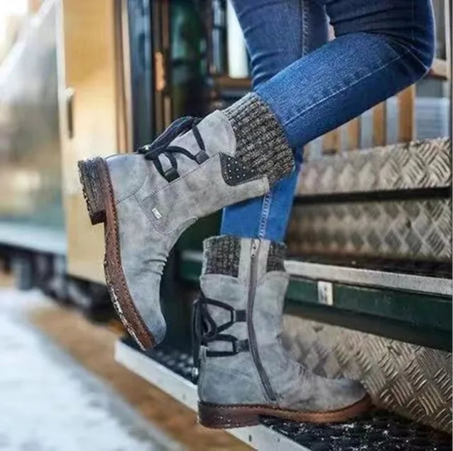 Adley | Knit Cuff Mid-Calf Winter Boots with Lace-Back Detail