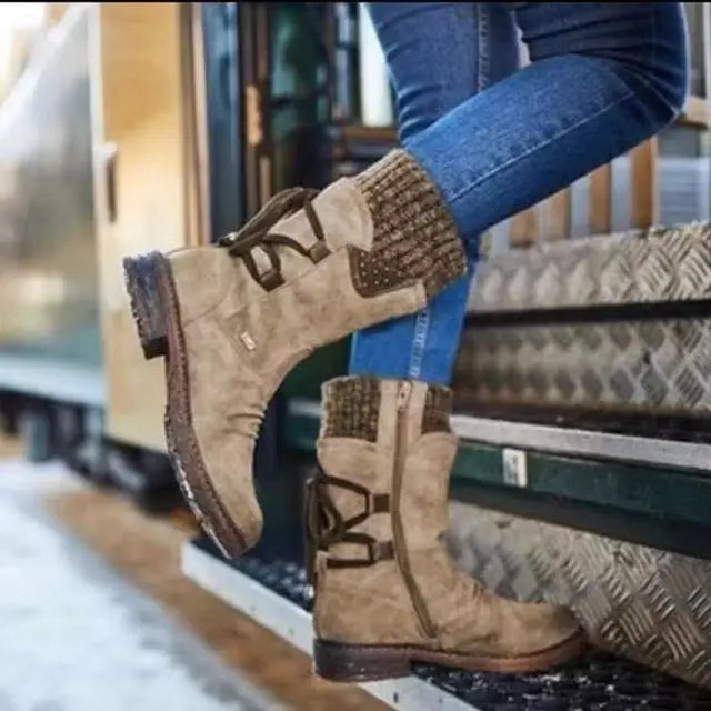 Adley | Knit Cuff Mid-Calf Winter Boots with Lace-Back Detail