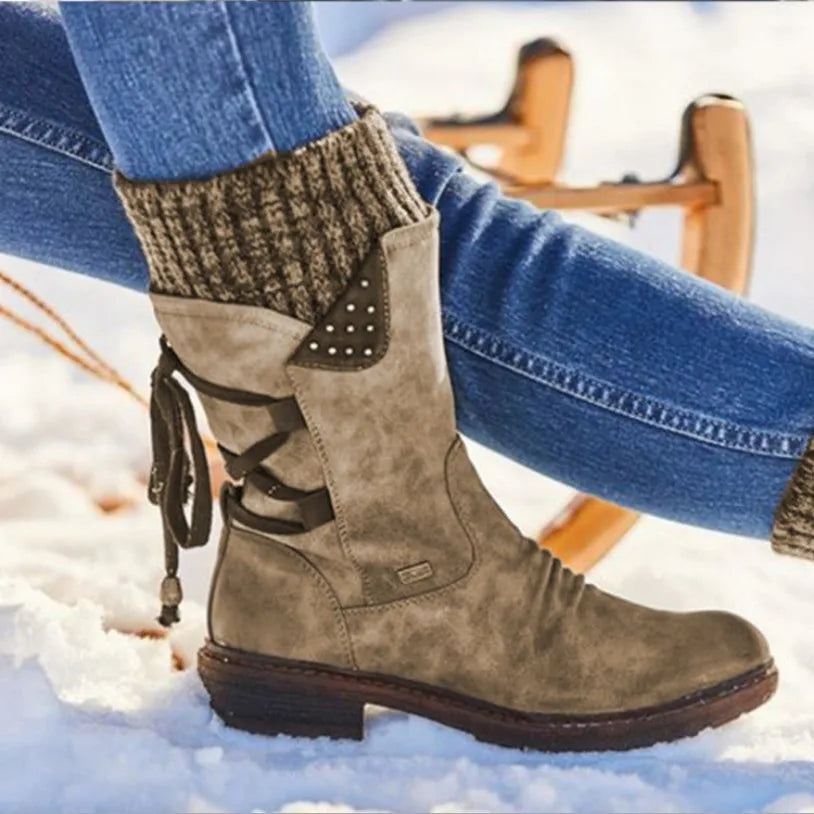 Adley | Knit Cuff Mid-Calf Winter Boots with Lace-Back Detail