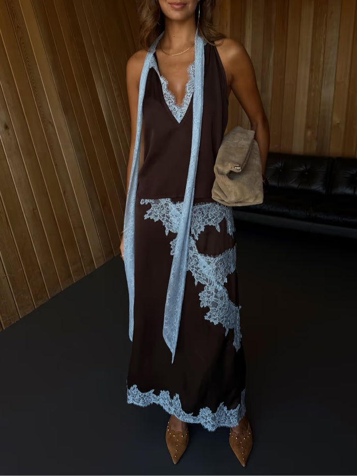 Lena | Brown Lace Panel Top and Skirt Set