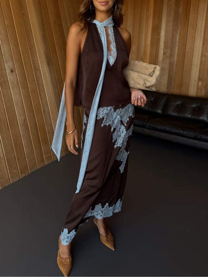 Lena | Brown Lace Panel Top and Skirt Set