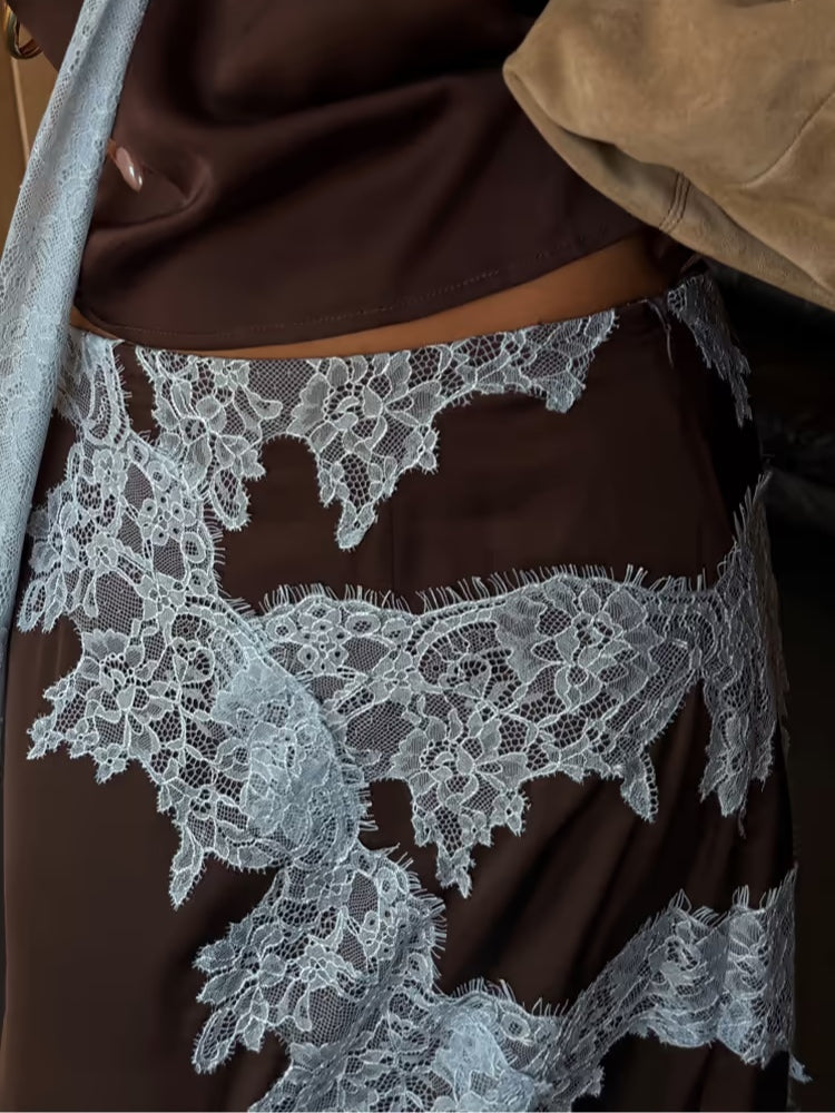 Lena | Brown Lace Panel Top and Skirt Set