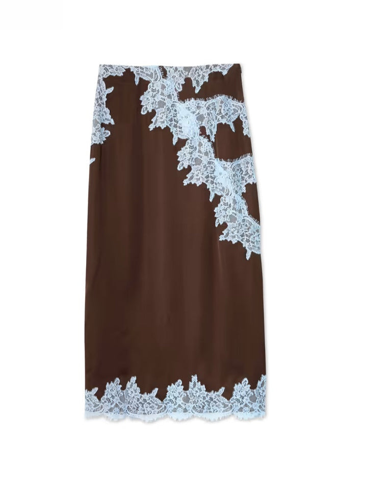 Lena | Brown Lace Panel Top and Skirt Set
