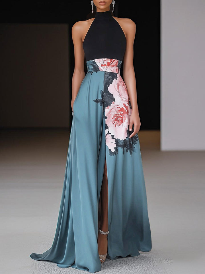 Olympia | Black Floral A-Line Maxi Dress with Side Slit