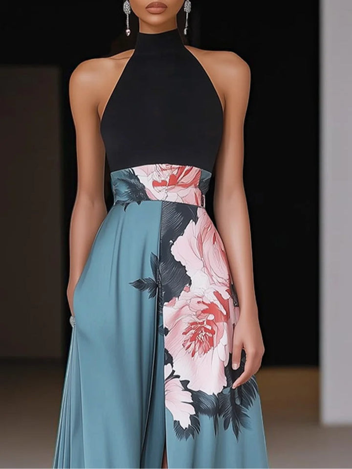 Olympia | Black Floral A-Line Maxi Dress with Side Slit