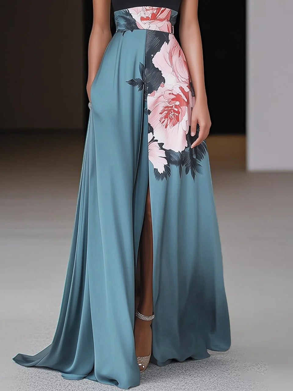 Olympia | Black Floral A-Line Maxi Dress with Side Slit