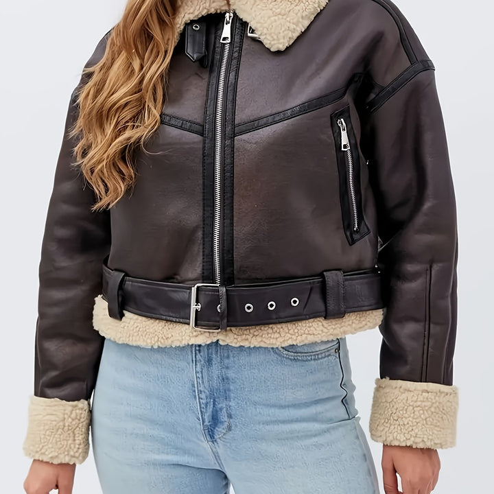 Elsa | Cropped Faux-Leather Sherpa-Lined Moto Jacket with Belt