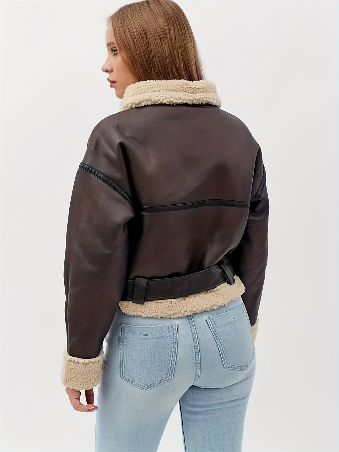 Elsa | Cropped Faux-Leather Sherpa-Lined Moto Jacket with Belt