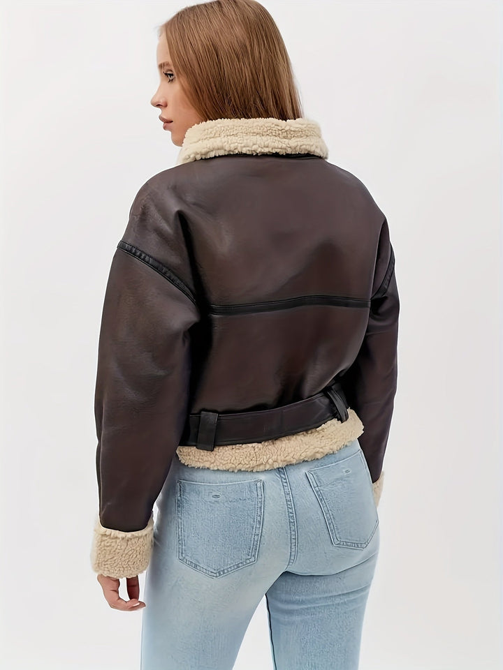 Elsa | Cropped Faux-Leather Sherpa-Lined Moto Jacket with Belt