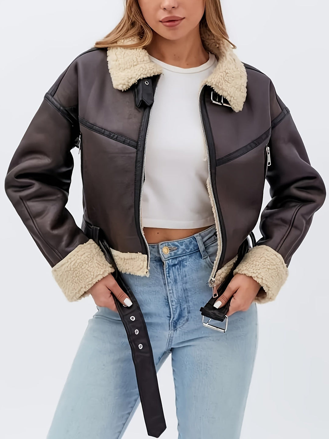 Elsa | Cropped Faux-Leather Sherpa-Lined Moto Jacket with Belt