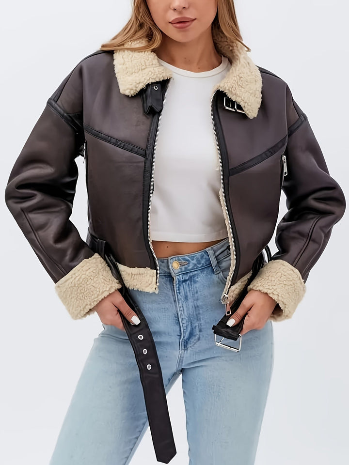 Elsa | Cropped Faux-Leather Sherpa-Lined Moto Jacket with Belt