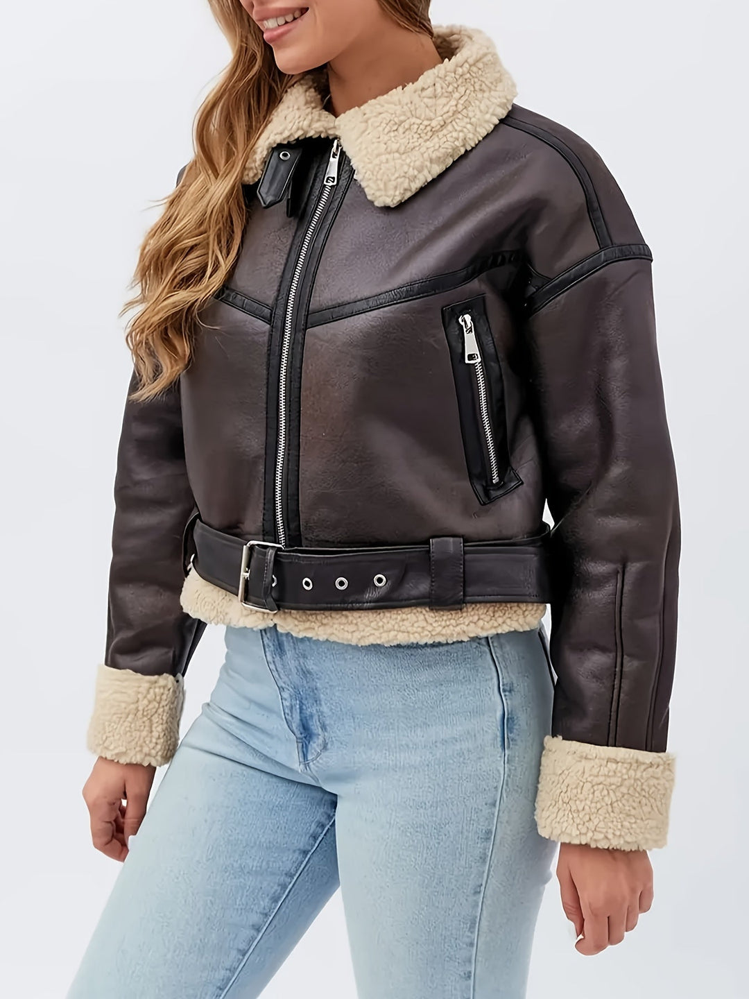Elsa | Cropped Faux-Leather Sherpa-Lined Moto Jacket with Belt