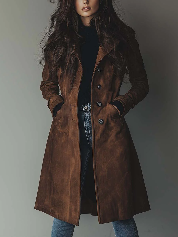 Joanna | Faux-Suede Double-Breasted Knee-Length Trench Coat