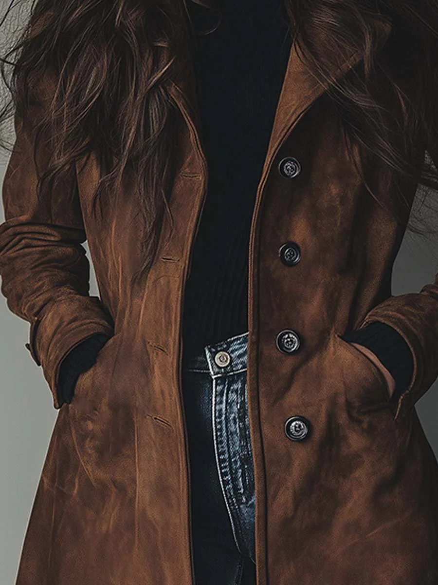 Joanna | Faux-Suede Double-Breasted Knee-Length Trench Coat