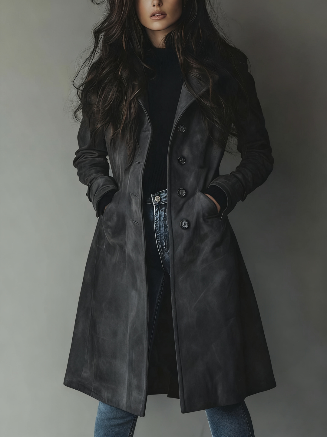 Joanna | Faux-Suede Double-Breasted Knee-Length Trench Coat