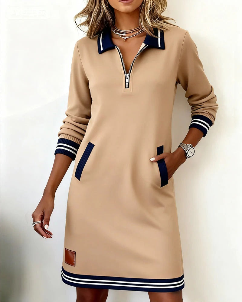 Ember | Zip-Front Collared Long-Sleeve Midi Dress