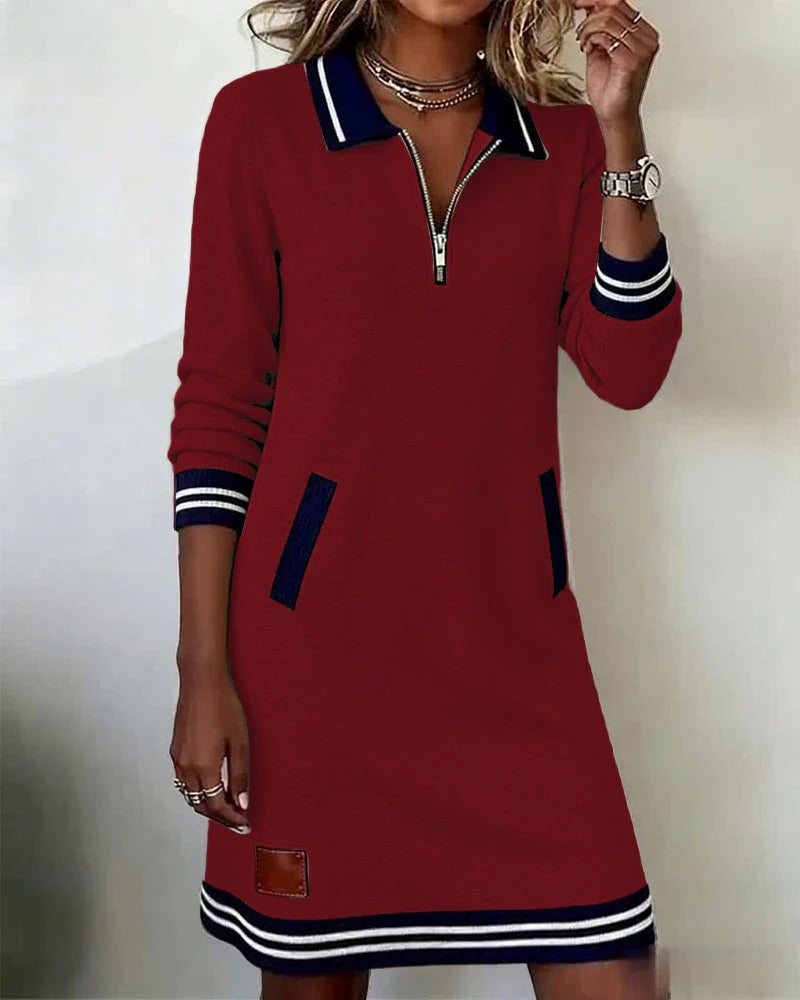 Ember | Zip-Front Collared Long-Sleeve Midi Dress