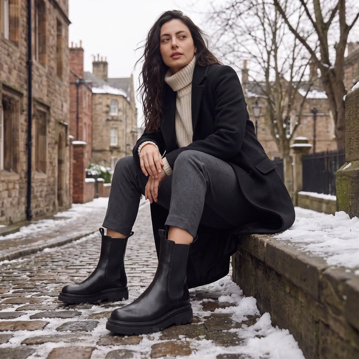 Lainey | Black Chunky Lug Sole Chelsea Ankle Boots