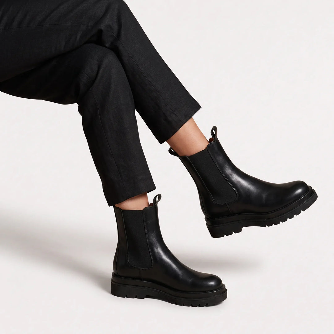 Lainey | Black Chunky Lug Sole Chelsea Ankle Boots
