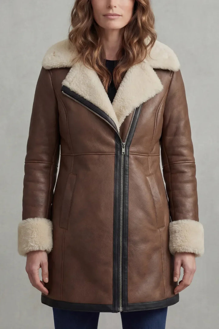 Liv | Leather Winter Coat with Shearling Collar and Cuffs