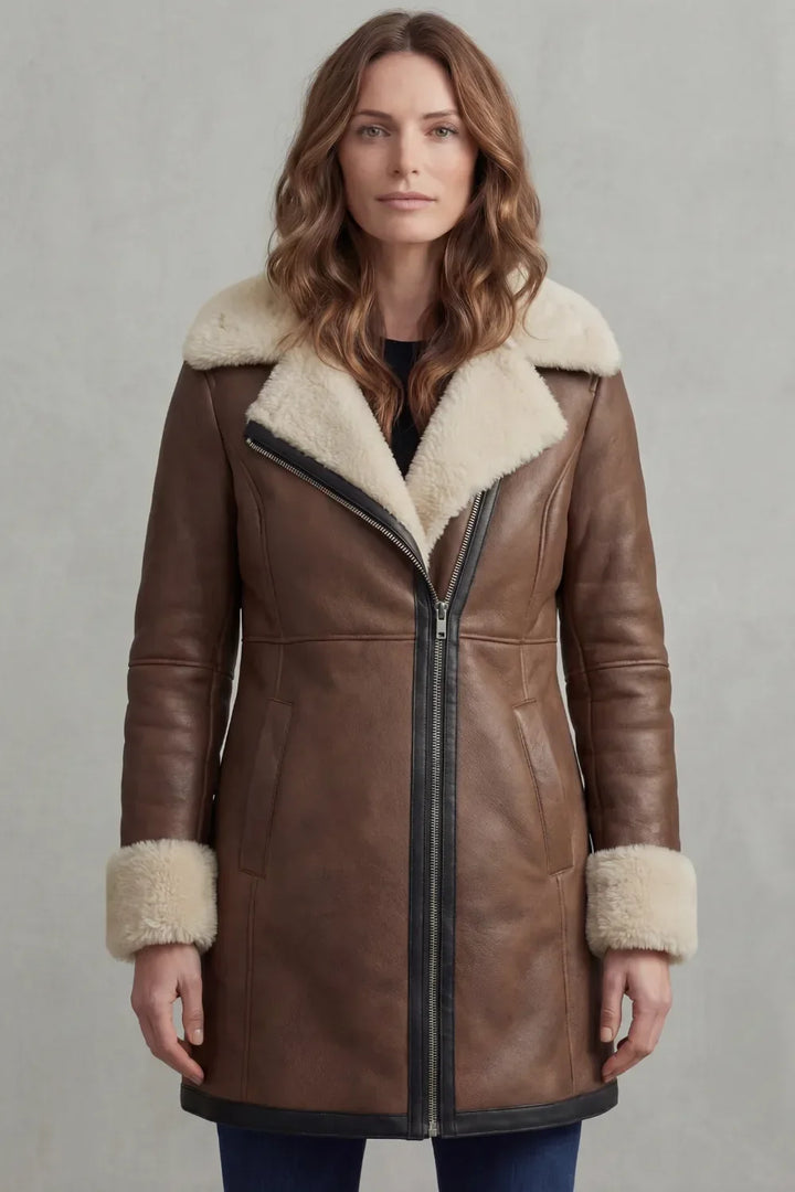 Liv | Leather Winter Coat with Shearling Collar and Cuffs