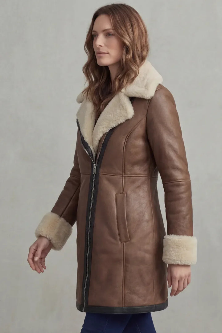 Liv | Leather Winter Coat with Shearling Collar and Cuffs