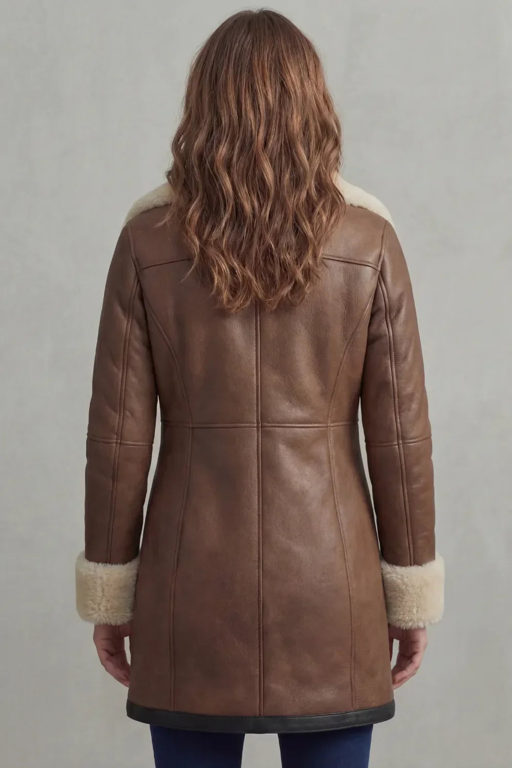 Liv | Leather Winter Coat with Shearling Collar and Cuffs