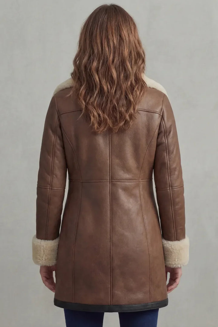 Liv | Leather Winter Coat with Shearling Collar and Cuffs