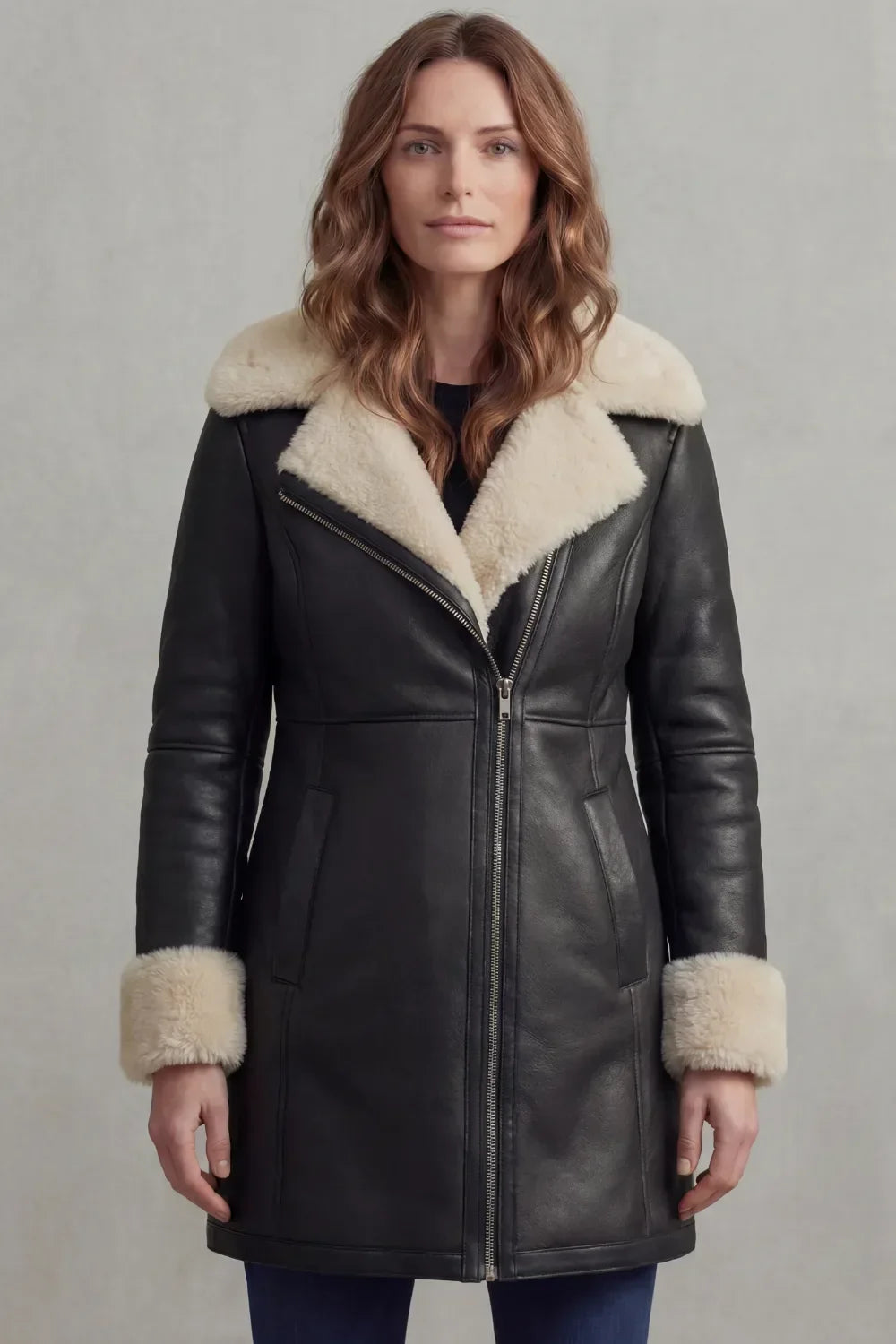 Liv | Leather Winter Coat with Shearling Collar and Cuffs