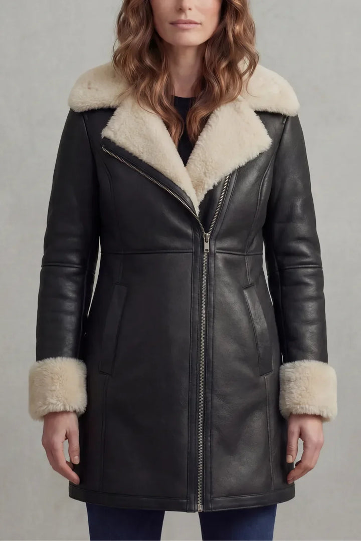 Liv | Leather Winter Coat with Shearling Collar and Cuffs