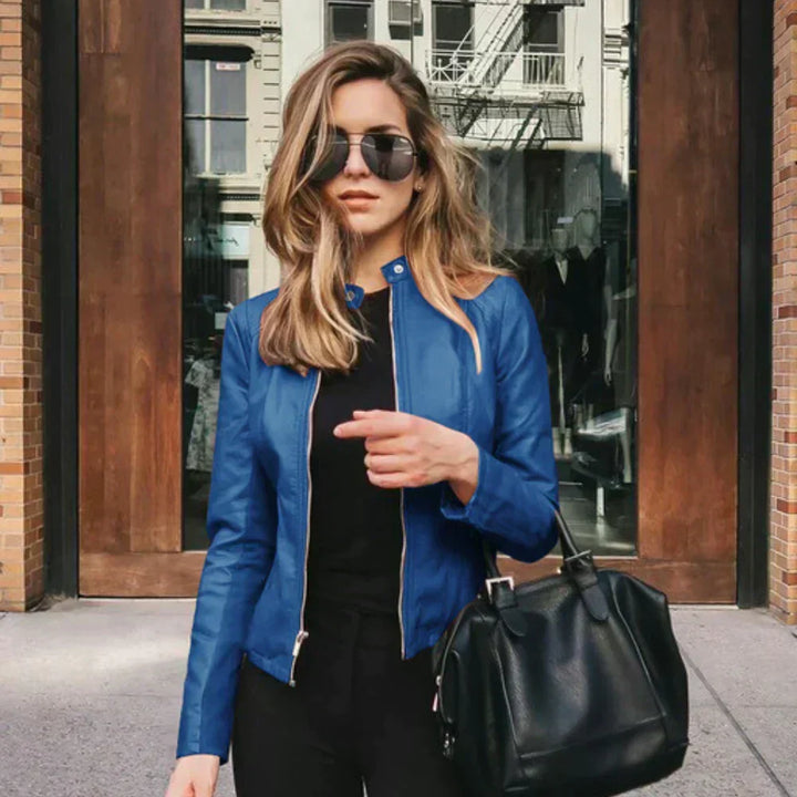 Harlow | Slim-Fit Faux-Leather Jacket with Band Collar and Rose-Gold Zip