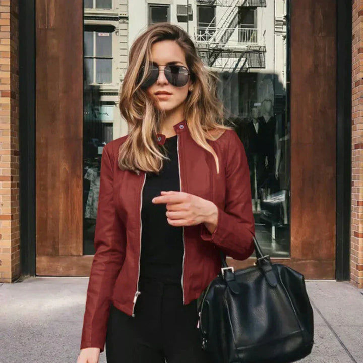 Harlow | Slim-Fit Faux-Leather Jacket with Band Collar and Rose-Gold Zip