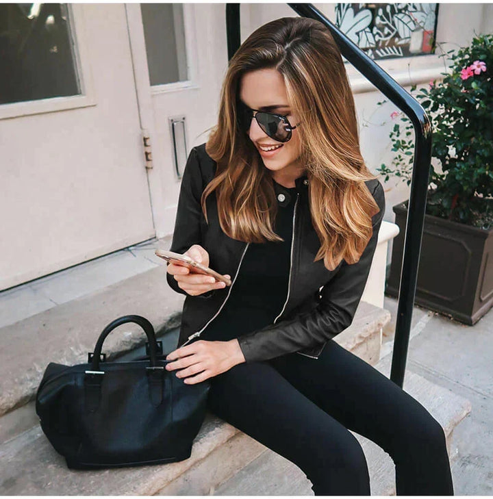 Harlow | Slim-Fit Faux-Leather Jacket with Band Collar and Rose-Gold Zip