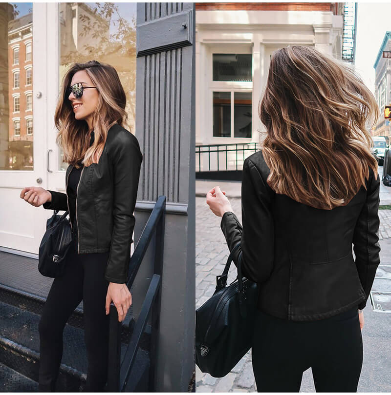 Harlow | Slim-Fit Faux-Leather Jacket with Band Collar and Rose-Gold Zip