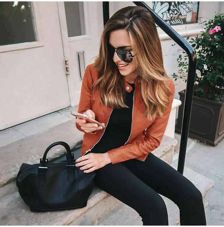 Harlow | Slim-Fit Faux-Leather Jacket with Band Collar and Rose-Gold Zip
