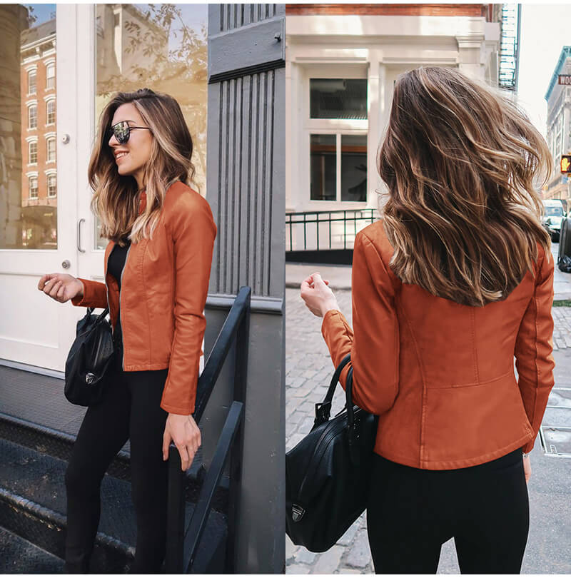 Harlow | Slim-Fit Faux-Leather Jacket with Band Collar and Rose-Gold Zip