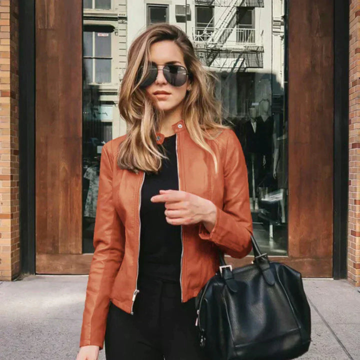 Harlow | Slim-Fit Faux-Leather Jacket with Band Collar and Rose-Gold Zip