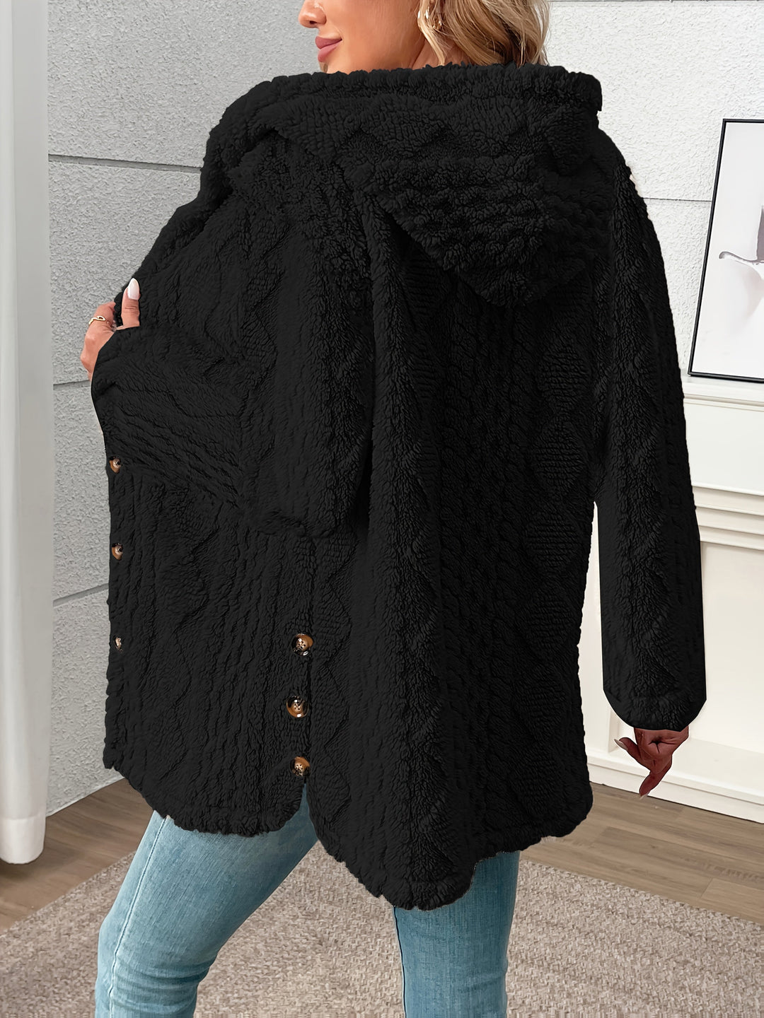 Dara | Black Sherpa Coat with Button Front