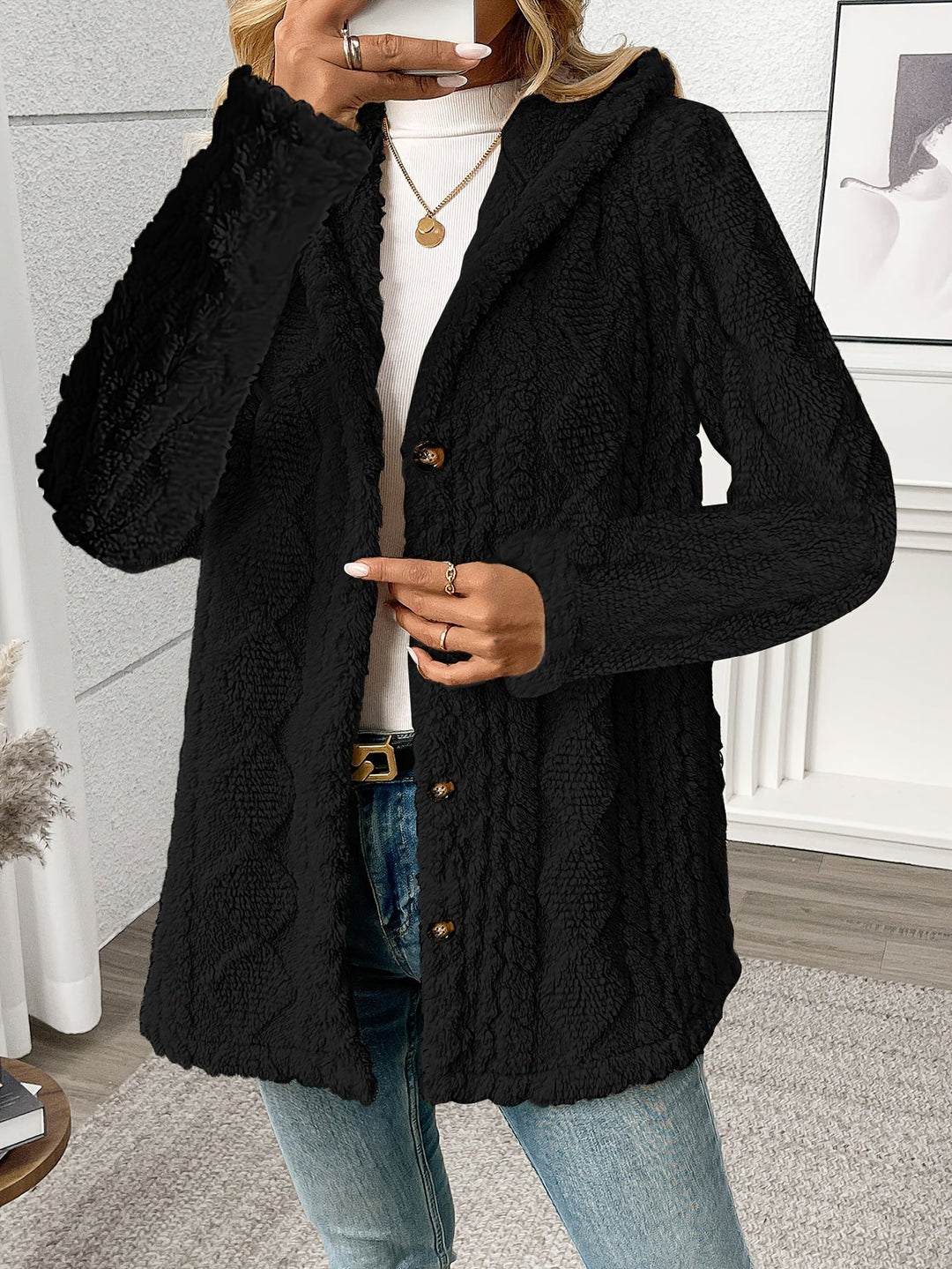 Dara | Black Sherpa Coat with Button Front