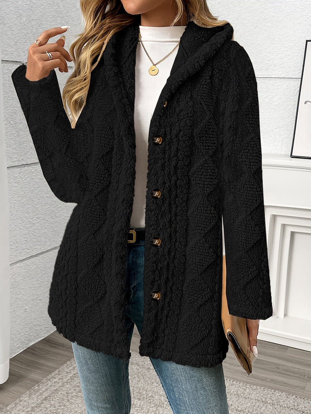 Dara | Black Sherpa Coat with Button Front