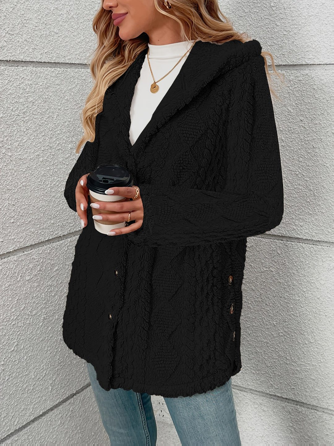 Dara | Black Sherpa Coat with Button Front