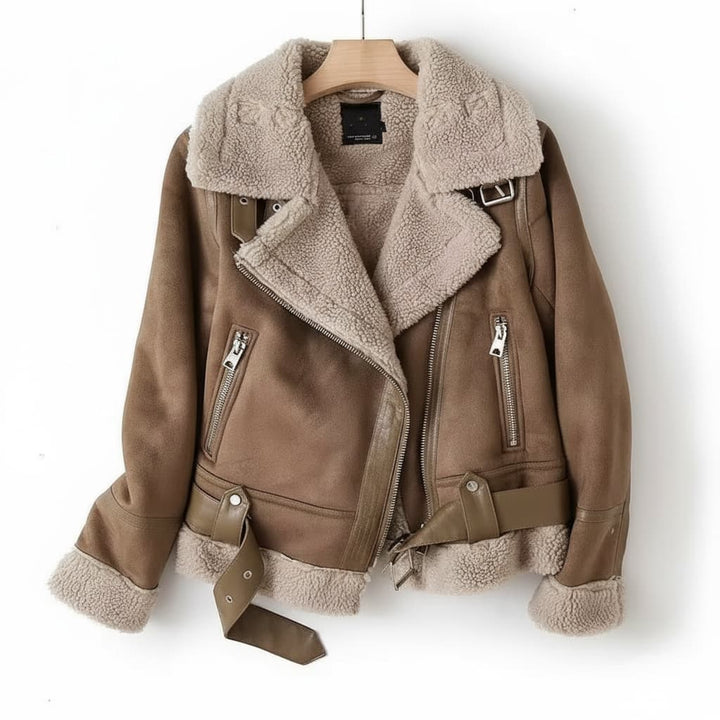 Kira | Shearling-Lined Faux-Suede Moto Jacket with Belt