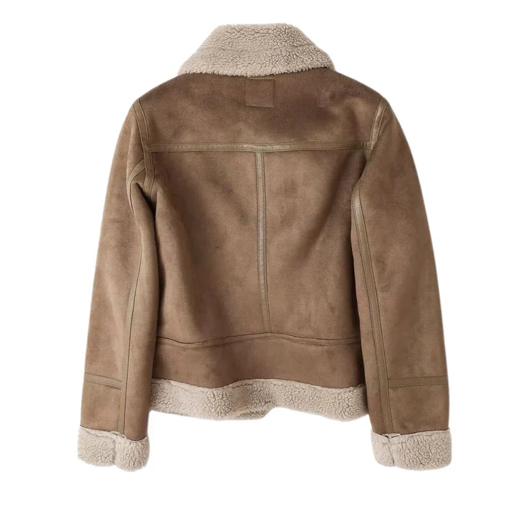 Kira | Shearling-Lined Faux-Suede Moto Jacket with Belt