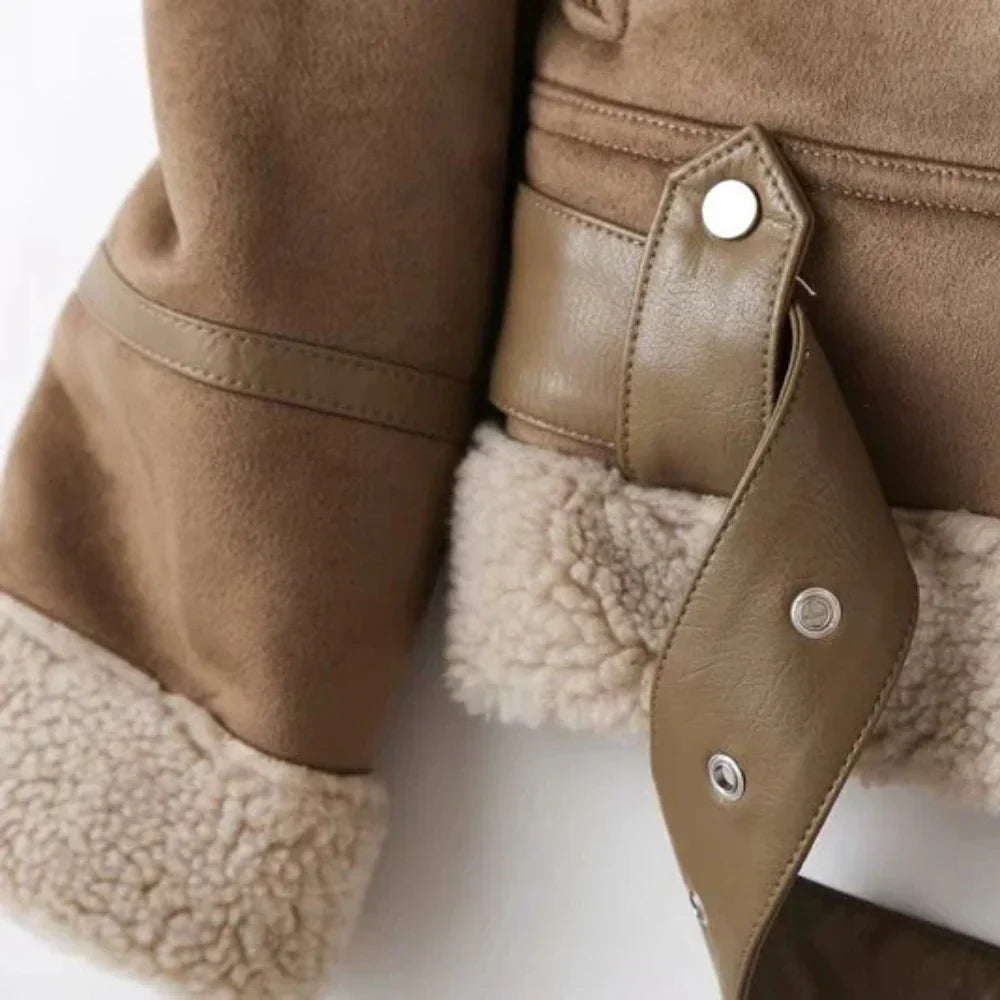 Kira | Shearling-Lined Faux-Suede Moto Jacket with Belt