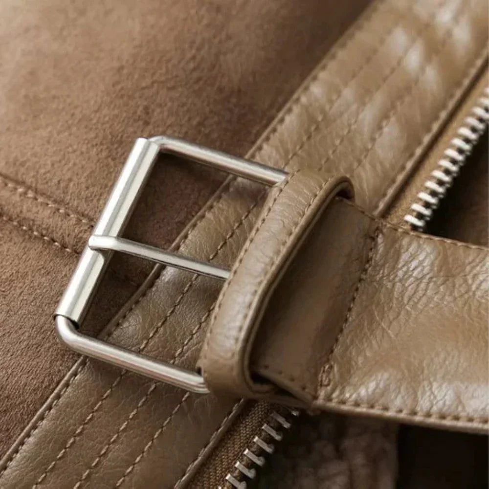 Kira | Shearling-Lined Faux-Suede Moto Jacket with Belt